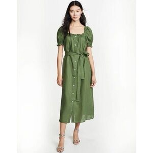 Sleeper Brigitte Linen Midi Dress in Olive Green Size XS